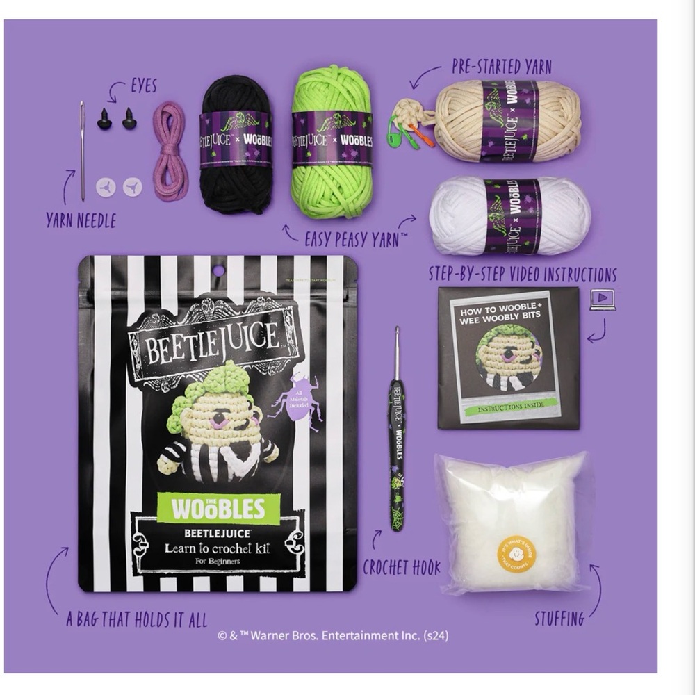 BEETLEJUICE x WOOBLES BUNDLE CROCHET KIT for BEGINNERS + CUSTOM CROCHET HOOKS - Picture 3 of 7
